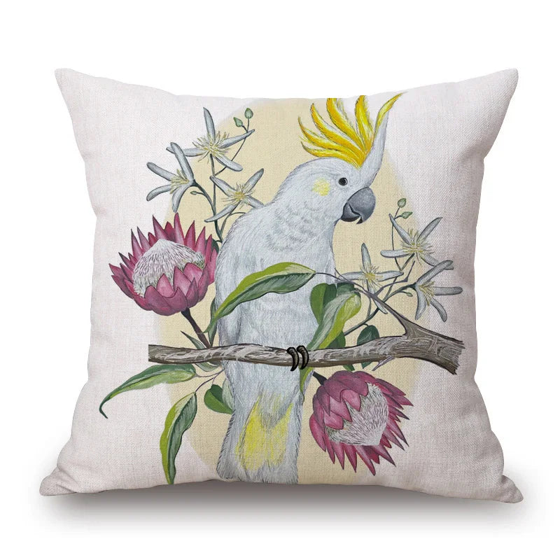 Australian Native Local Birds And Plants Cushion Cover Kookaburra Possum Gumleaves Gumnuts Floral Print Pillow Case