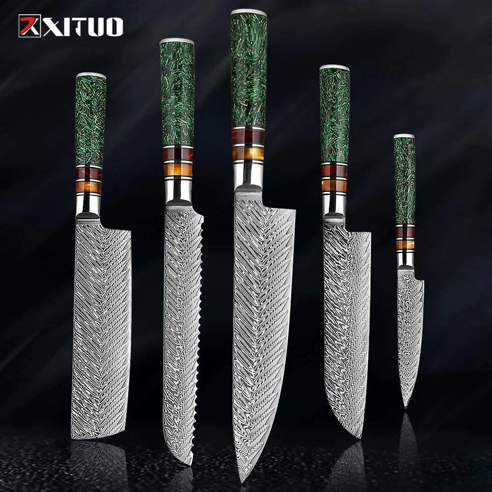 XITUO Luxury Damascus Kitchen Knife Set Japan Chef Santoku Knife Cleaver Paring Bread Knife Featured Resin Synthesis Handle