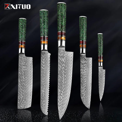 XITUO Luxury Damascus Kitchen Knife Set Japan Chef Santoku Knife Cleaver Paring Bread Knife Featured Resin Synthesis Handle