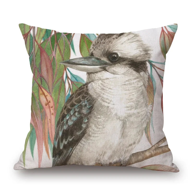 Australian Native Local Birds And Plants Cushion Cover Kookaburra Possum Gumleaves Gumnuts Floral Print Pillow Case