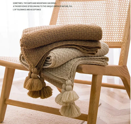 Nordic Retro Chunky Tassel Throw Blanket Boho Knitted Sofa Cover with Large Pompoms Waffle Texture Bed Runner for Living Room