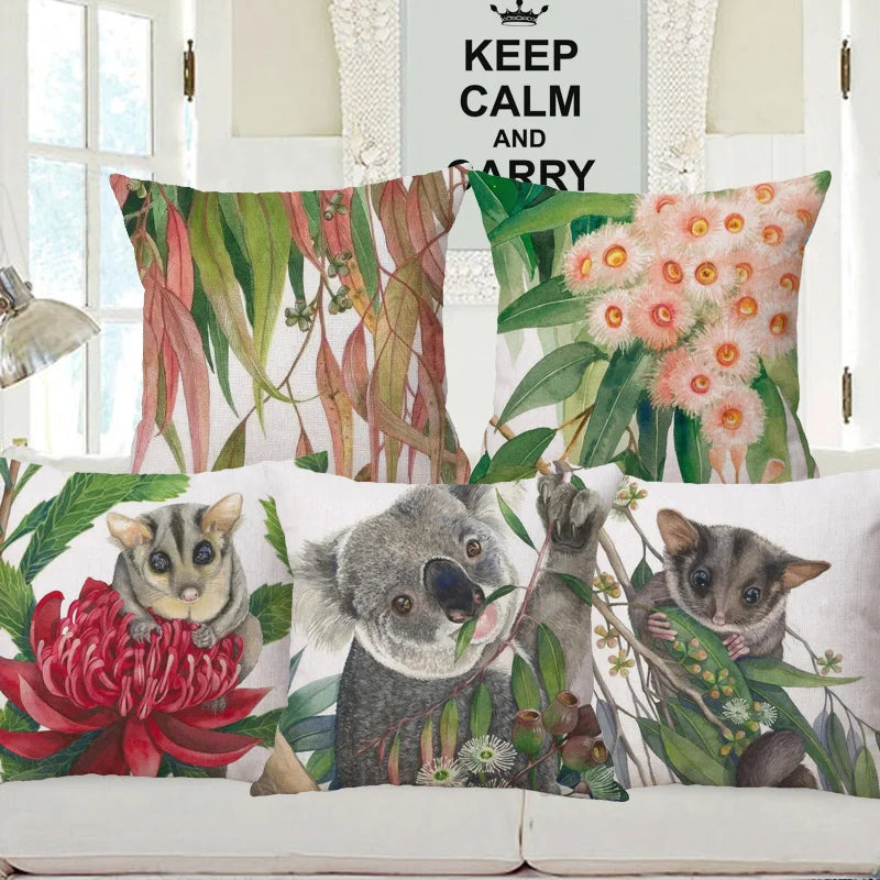 Australian Native Local Birds And Plants Cushion Cover Kookaburra Possum Gumleaves Gumnuts Floral Print Pillow Case