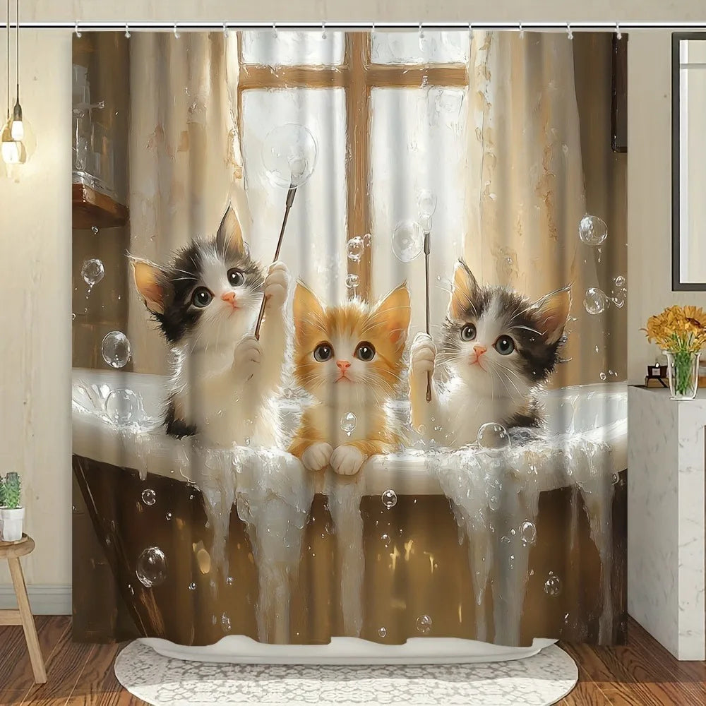 Cartoon kitten bubble bath Shower Curtain Washable Dirt-Resistant Shower Head waterproof Polyester Bath Curtain For Home Decor