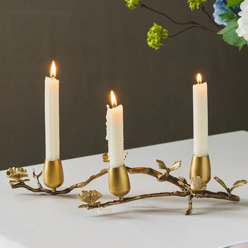 Golden metal brass candle holder, ginkgo leaves, European style, ancient desktop crafts, home decoration candle holders