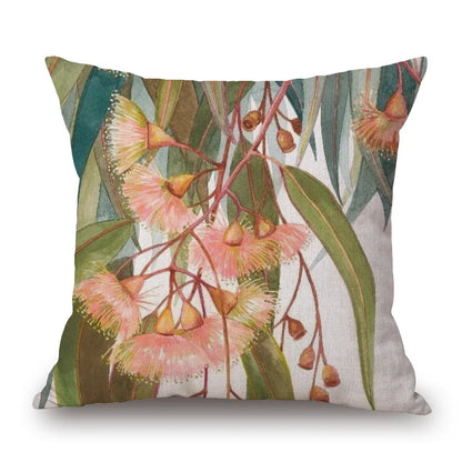 Australian Native Local Birds And Plants Cushion Cover Kookaburra Possum Gumleaves Gumnuts Floral Print Pillow Case
