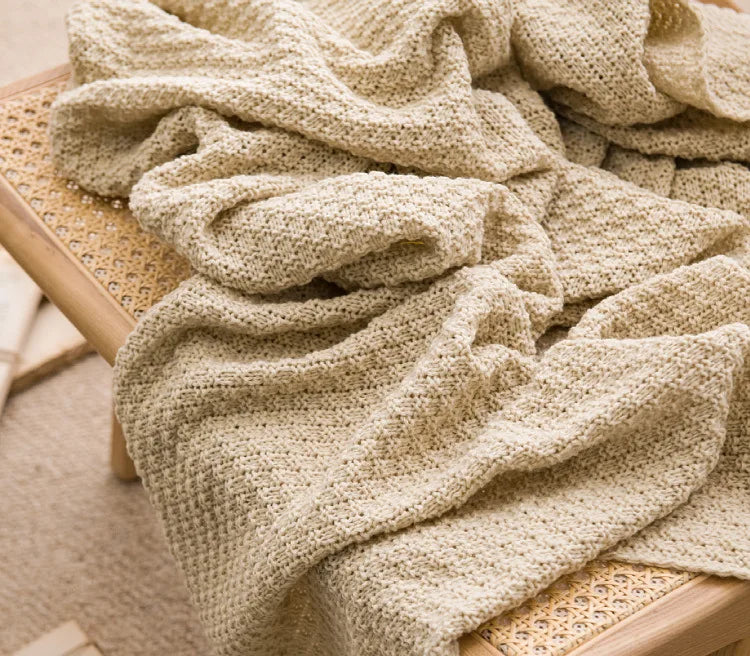 Nordic Retro Chunky Tassel Throw Blanket Boho Knitted Sofa Cover with Large Pompoms Waffle Texture Bed Runner for Living Room
