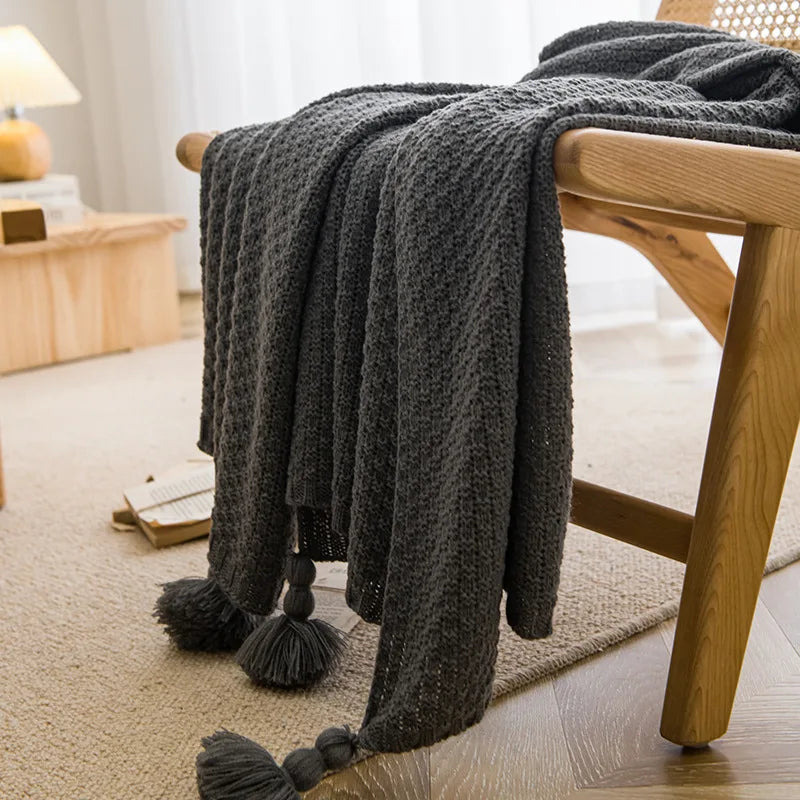 Nordic Retro Chunky Tassel Throw Blanket Boho Knitted Sofa Cover with Large Pompoms Waffle Texture Bed Runner for Living Room