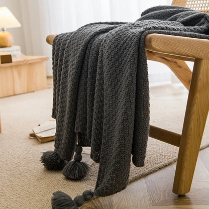Nordic Retro Chunky Tassel Throw Blanket Boho Knitted Sofa Cover with Large Pompoms Waffle Texture Bed Runner for Living Room