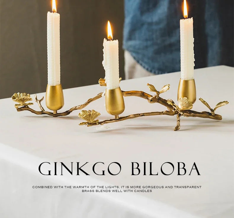 Golden metal brass candle holder, ginkgo leaves, European style, ancient desktop crafts, home decoration candle holders