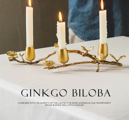 Golden metal brass candle holder, ginkgo leaves, European style, ancient desktop crafts, home decoration candle holders