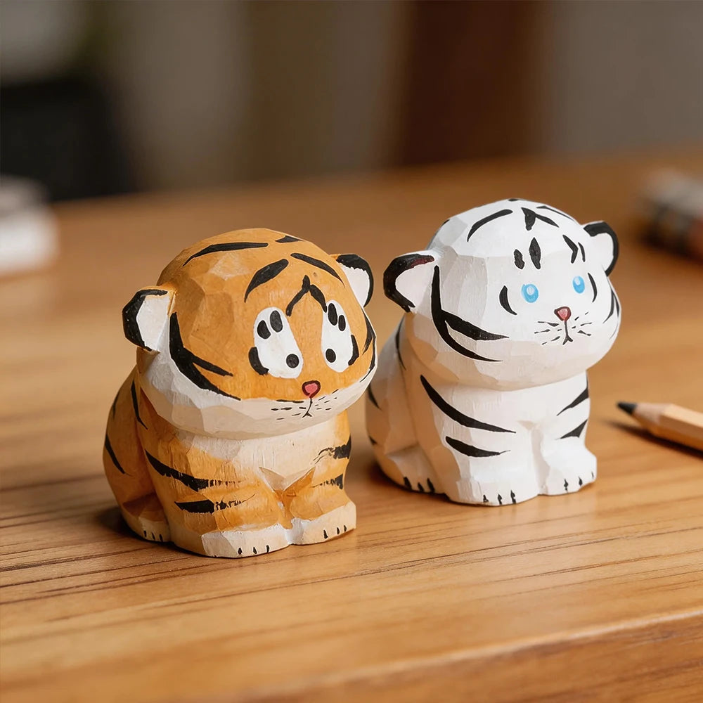 Cute Handmade Decorative Wooden Tiger Figurine Mini Animal Ornament Statue Carving Home Room Desktop accessories Decor Gift