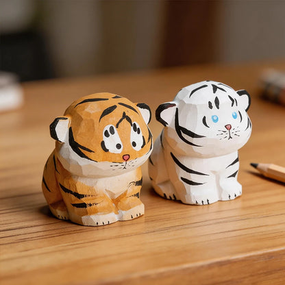 Cute Handmade Decorative Wooden Tiger Figurine Mini Animal Ornament Statue Carving Home Room Desktop accessories Decor Gift