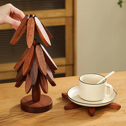 Christmas Tree Coaster Set Foldable Wood Trivet for Hot Pots/Pans/Bowls Xmas Table Decor for Kitchen Dining Room Restaurant Gift