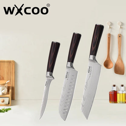WXCOO Santoku Knife Set Japanese Butcher Carving Bread Fruit Meat Cleaver Boning High Carbon Steel Kitchen Knives