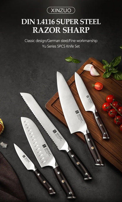 XINZUO 1-5PCS Stainless Steel Knives Set GERMANY 1.4116 Steel Chef Bread Utility Santoku Petty Knives Cooking Tools Ebony Handle