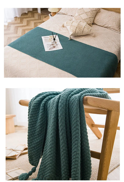 Nordic Retro Chunky Tassel Throw Blanket Boho Knitted Sofa Cover with Large Pompoms Waffle Texture Bed Runner for Living Room