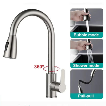 Stainless steel kitchen faucet, single-hole pull-out spout, kitchen sink mixing faucet, 360° rotating cleaning faucet