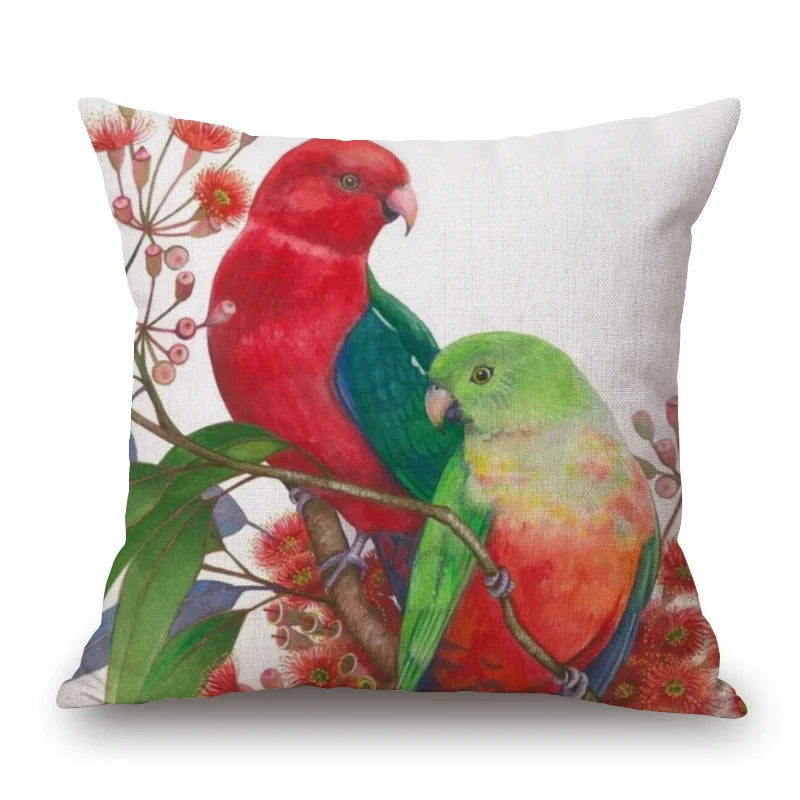 Australian Native Local Birds And Plants Cushion Cover Kookaburra Possum Gumleaves Gumnuts Floral Print Pillow Case
