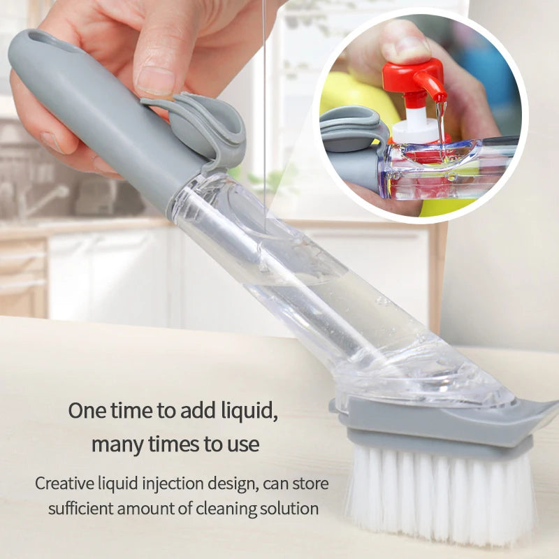 2 In 1 Kitchen Cleaning Brush Long Handle Pot Dish Sponge Dishwashing Scrubber Liquid Soap Dispenser Removable Cleaner Wash Wipe