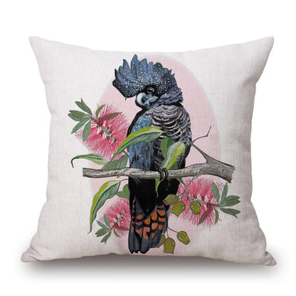 Australian Native Local Birds And Plants Cushion Cover Kookaburra Possum Gumleaves Gumnuts Floral Print Pillow Case
