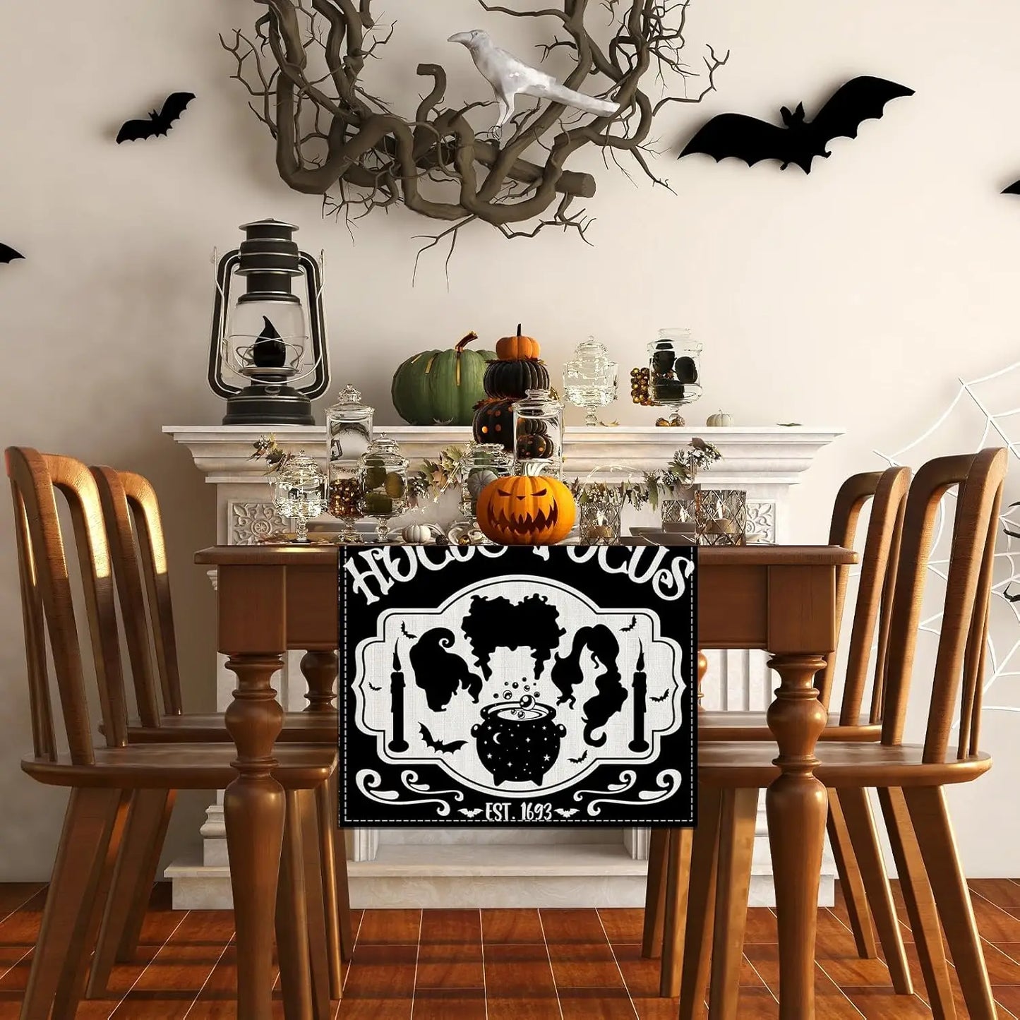 Halloween Hocus Pocus Black Linen Table Runner Sanderson Sisters Amuck Decor Kitchen Dining Table Deocor Halloween Decorations