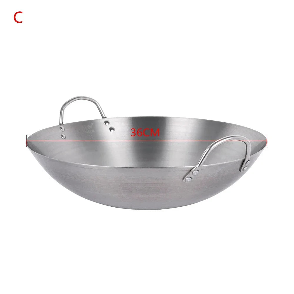 Stainless Steel Double Ear Chef Fry Wok Gas Cooker Traditional Handmade Pot Non Coating Woks