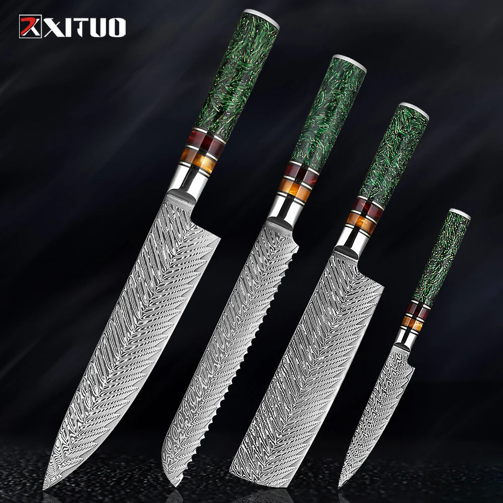 XITUO Luxury Damascus Kitchen Knife Set Japan Chef Santoku Knife Cleaver Paring Bread Knife Featured Resin Synthesis Handle