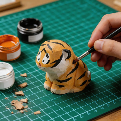 Cute Handmade Decorative Wooden Tiger Figurine Mini Animal Ornament Statue Carving Home Room Desktop accessories Decor Gift