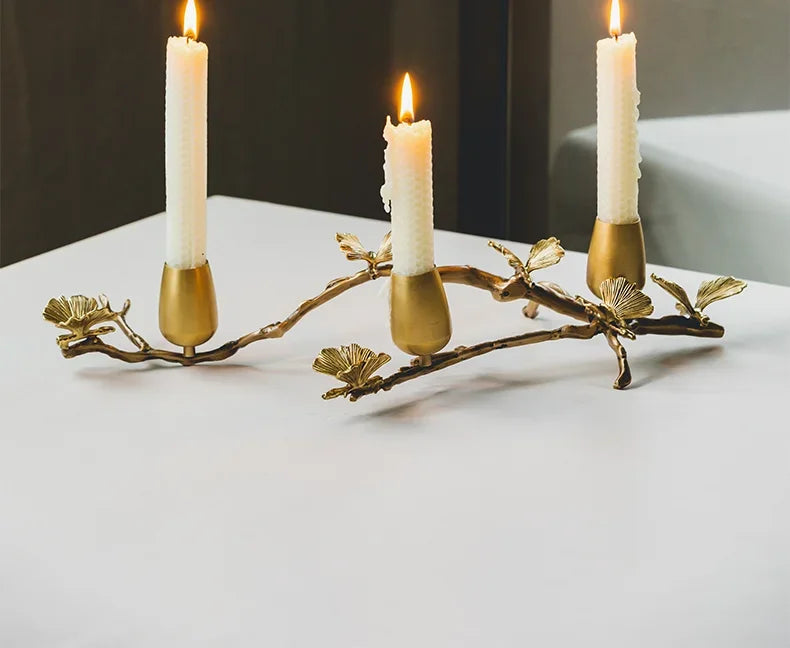 Golden metal brass candle holder, ginkgo leaves, European style, ancient desktop crafts, home decoration candle holders