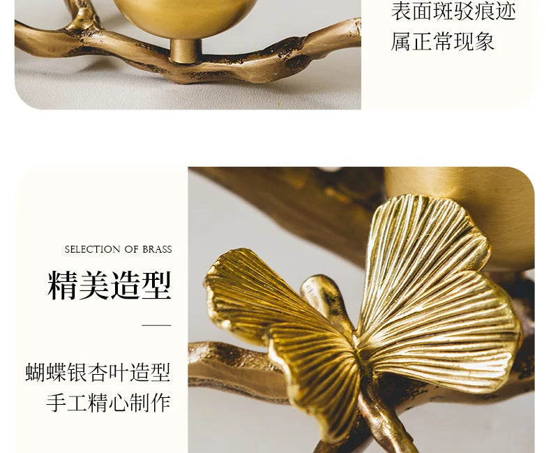 Golden metal brass candle holder, ginkgo leaves, European style, ancient desktop crafts, home decoration candle holders
