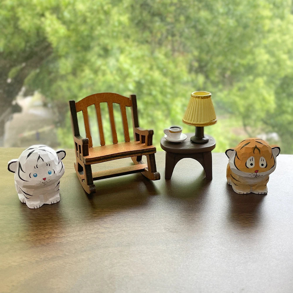 Cute Handmade Decorative Wooden Tiger Figurine Mini Animal Ornament Statue Carving Home Room Desktop accessories Decor Gift