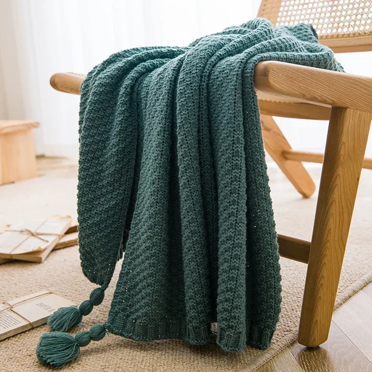 Nordic Retro Chunky Tassel Throw Blanket Boho Knitted Sofa Cover with Large Pompoms Waffle Texture Bed Runner for Living Room
