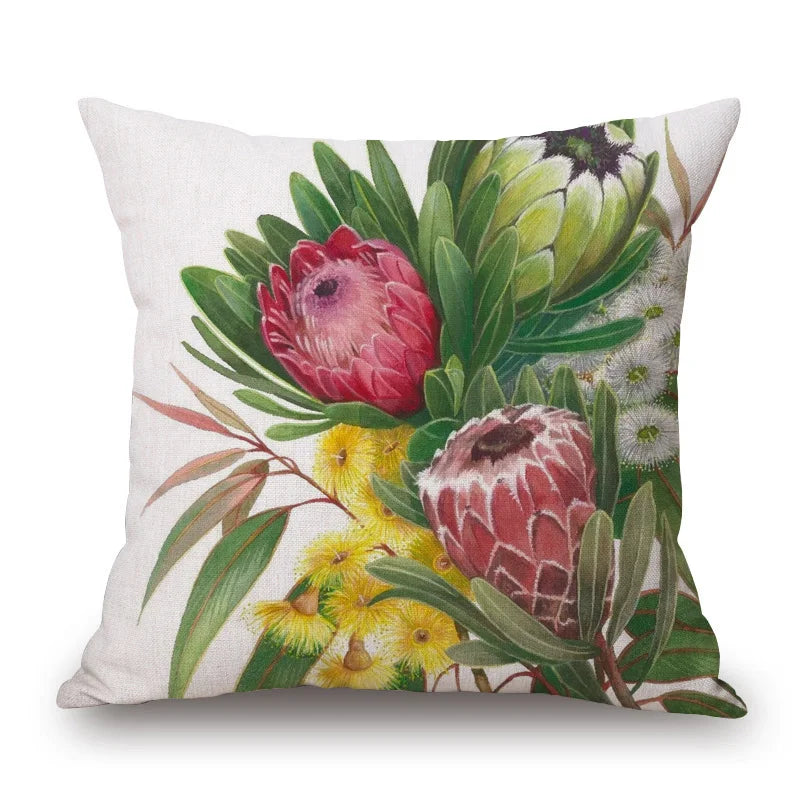 Australian Native Local Birds And Plants Cushion Cover Kookaburra Possum Gumleaves Gumnuts Floral Print Pillow Case