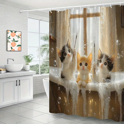 Cartoon kitten bubble bath Shower Curtain Washable Dirt-Resistant Shower Head waterproof Polyester Bath Curtain For Home Decor