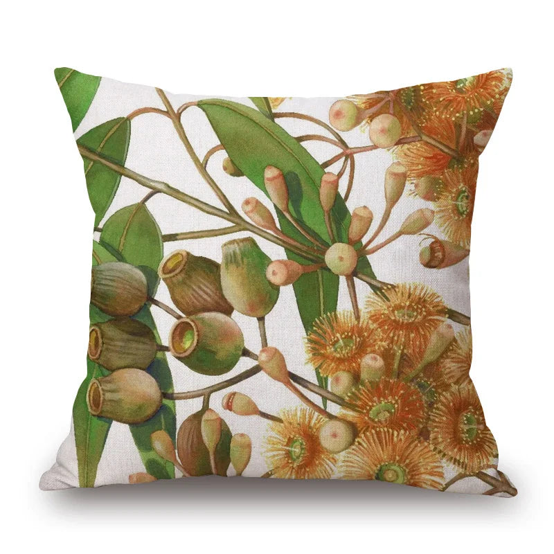 Australian Native Local Birds And Plants Cushion Cover Kookaburra Possum Gumleaves Gumnuts Floral Print Pillow Case