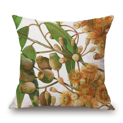 Australian Native Local Birds And Plants Cushion Cover Kookaburra Possum Gumleaves Gumnuts Floral Print Pillow Case