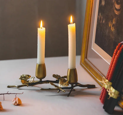 Golden metal brass candle holder, ginkgo leaves, European style, ancient desktop crafts, home decoration candle holders