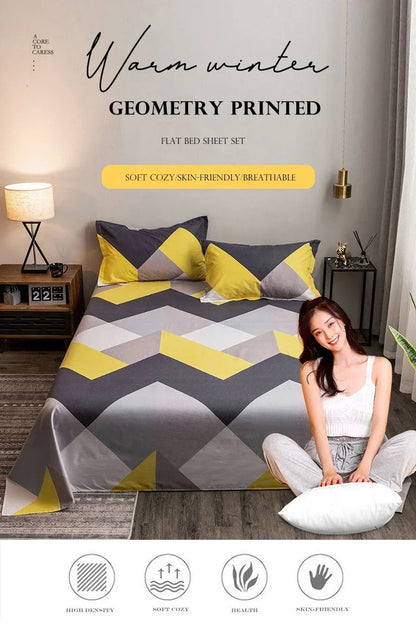 Geometry printed flat bed sheet set couple 2 people super cozy luxury double bed bedsheet single double queen king size