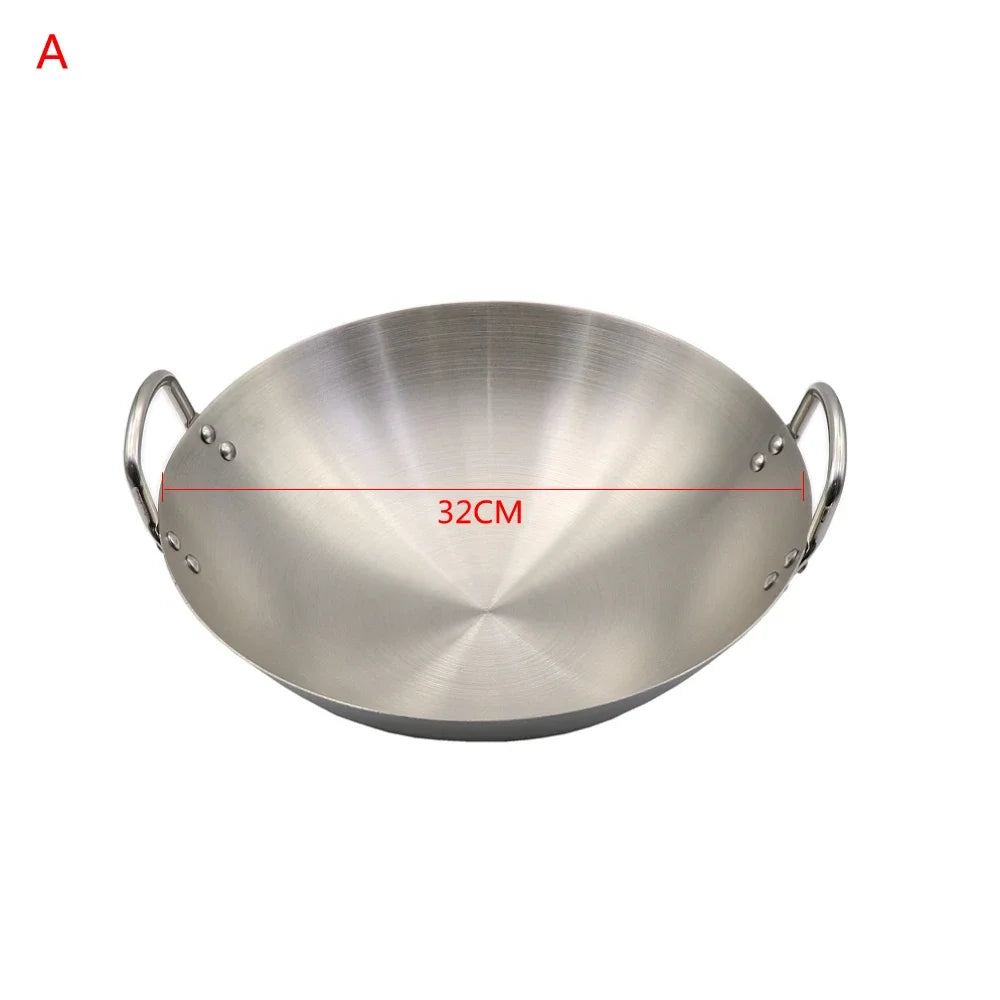 Stainless Steel Double Ear Chef Fry Wok Gas Cooker Traditional Handmade Pot Non Coating Woks