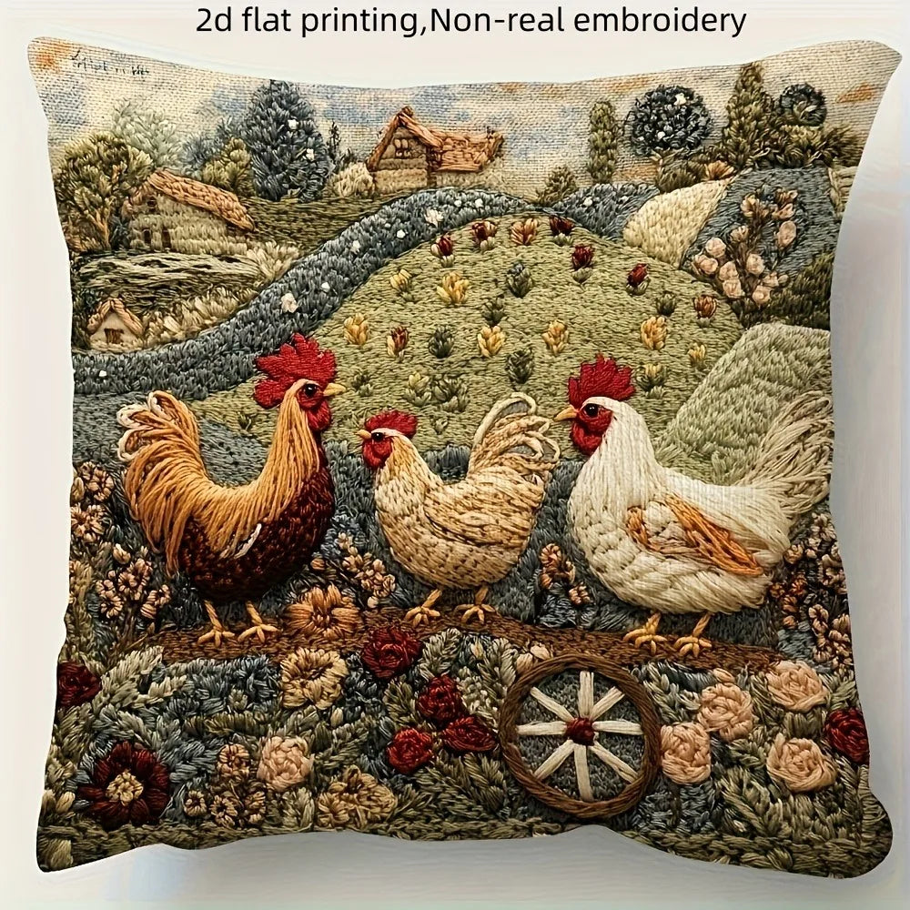 Farmyard Charm: 2D Flat-Printed Pillow with Stylish Chickens and Scenic Design Sofa cushion cover, home decoration, 2D printing