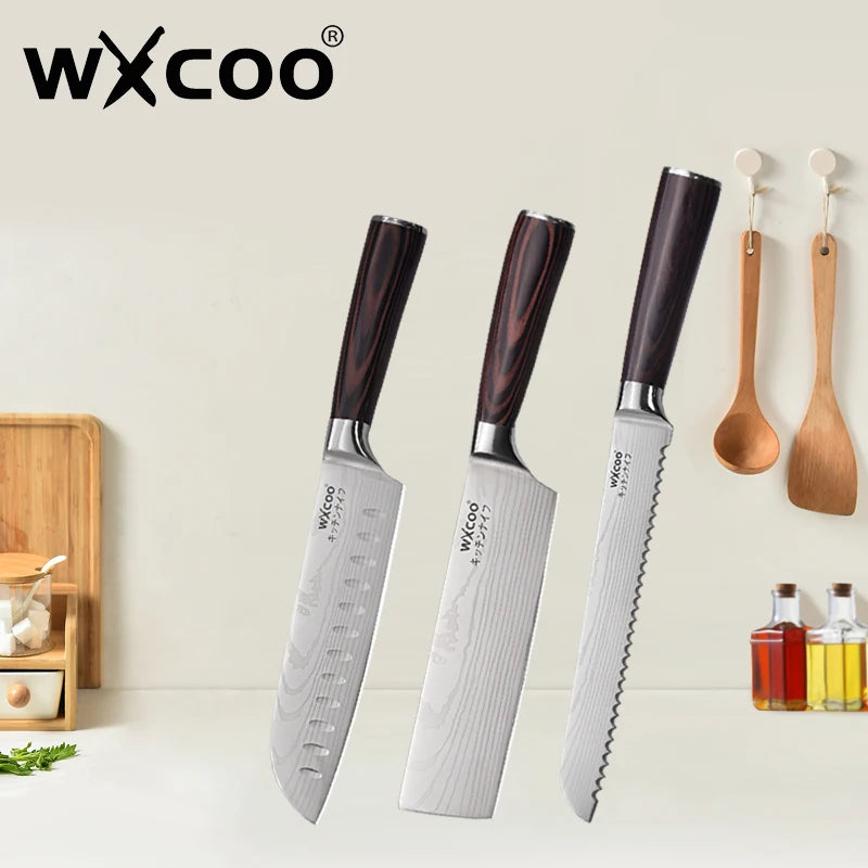 WXCOO Santoku Knife Set Japanese Butcher Carving Bread Fruit Meat Cleaver Boning High Carbon Steel Kitchen Knives