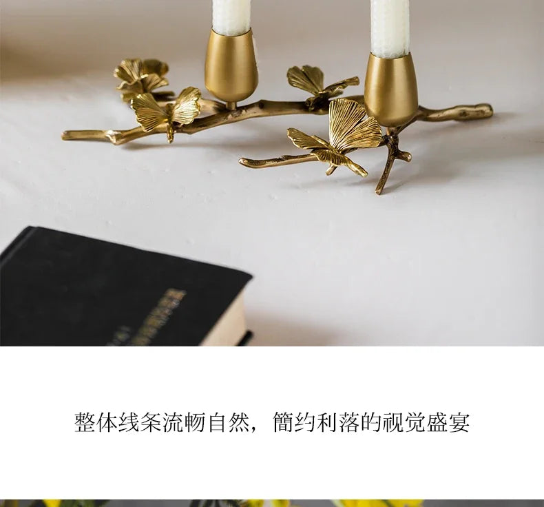 Golden metal brass candle holder, ginkgo leaves, European style, ancient desktop crafts, home decoration candle holders