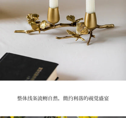 Golden metal brass candle holder, ginkgo leaves, European style, ancient desktop crafts, home decoration candle holders