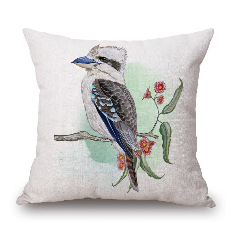 Australian Native Local Birds And Plants Cushion Cover Kookaburra Possum Gumleaves Gumnuts Floral Print Pillow Case