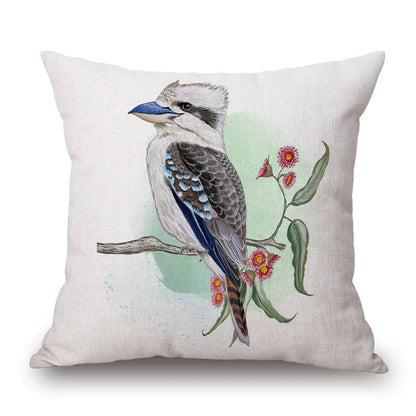 Australian Native Local Birds And Plants Cushion Cover Kookaburra Possum Gumleaves Gumnuts Floral Print Pillow Case