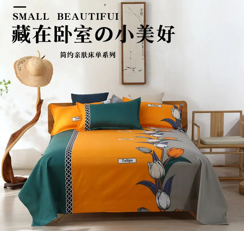 3pcs/Set Home Textile Bed Sheet Set with Pillowcases Cotton Material Lovers Home Room Bedding Flat Sheet Bed Sheet Set