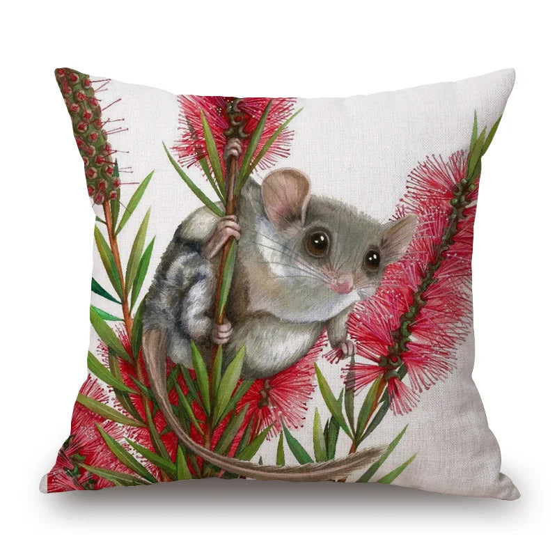 Australian Native Local Birds And Plants Cushion Cover Kookaburra Possum Gumleaves Gumnuts Floral Print Pillow Case