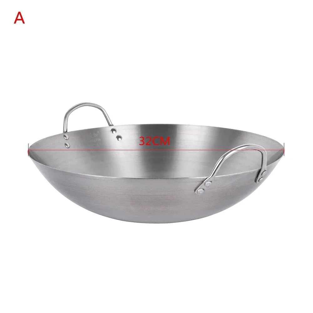 Stainless Steel Double Ear Chef Fry Wok Gas Cooker Traditional Handmade Pot Non Coating Woks