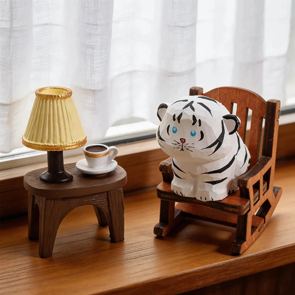 Cute Handmade Decorative Wooden Tiger Figurine Mini Animal Ornament Statue Carving Home Room Desktop accessories Decor Gift