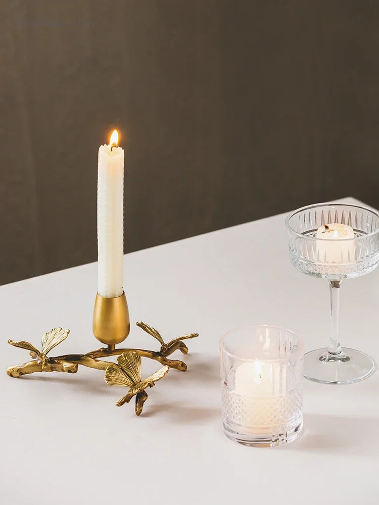 Golden metal brass candle holder, ginkgo leaves, European style, ancient desktop crafts, home decoration candle holders